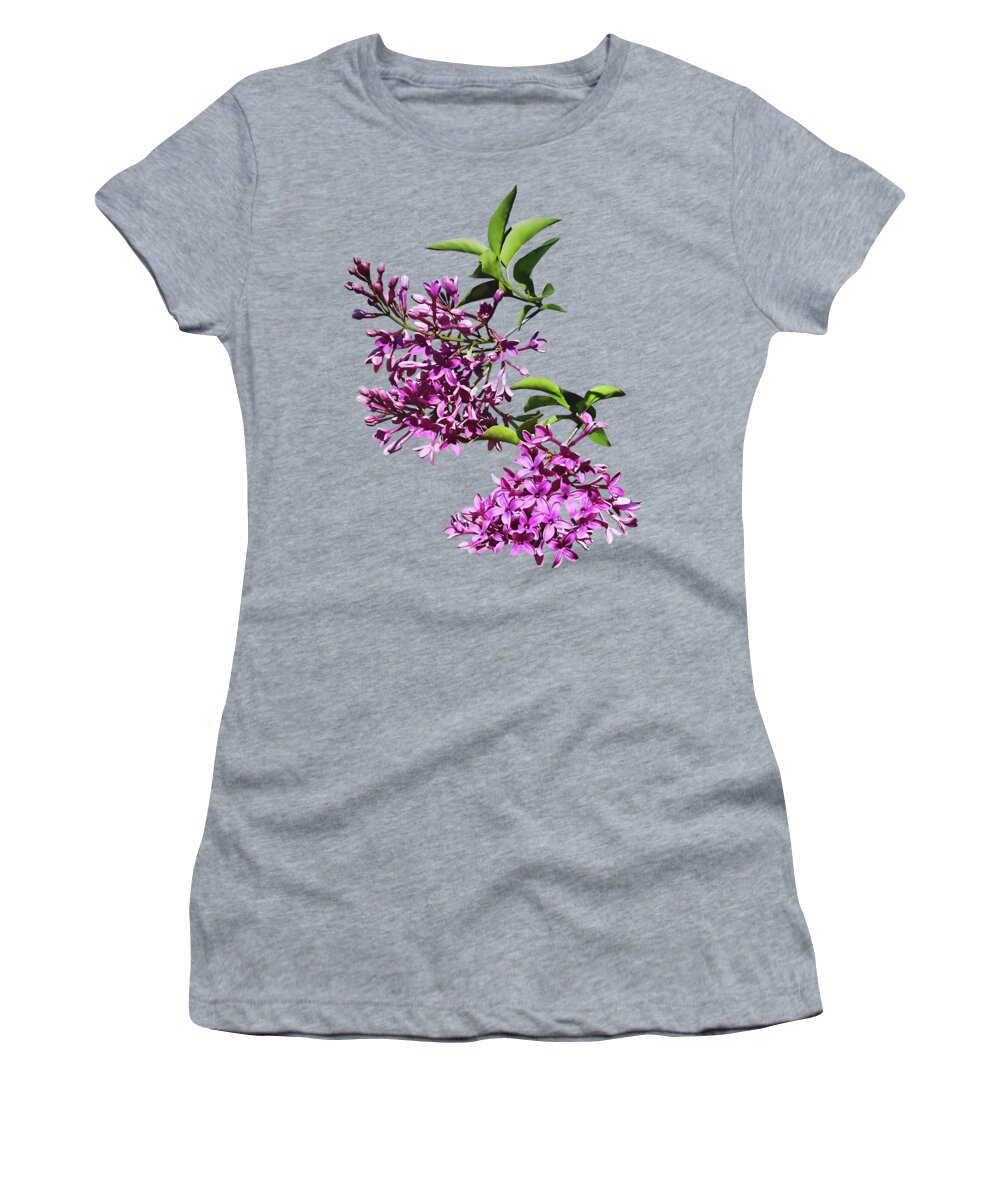 Lilacs Women's T-Shirt featuring the photograph Pink Lilacs and Leaves by Susan Savad