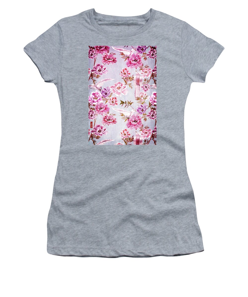 Pink Women's T-Shirt featuring the digital art Pink Peony and Royal Birds Chinoiserie by Sand And Chi