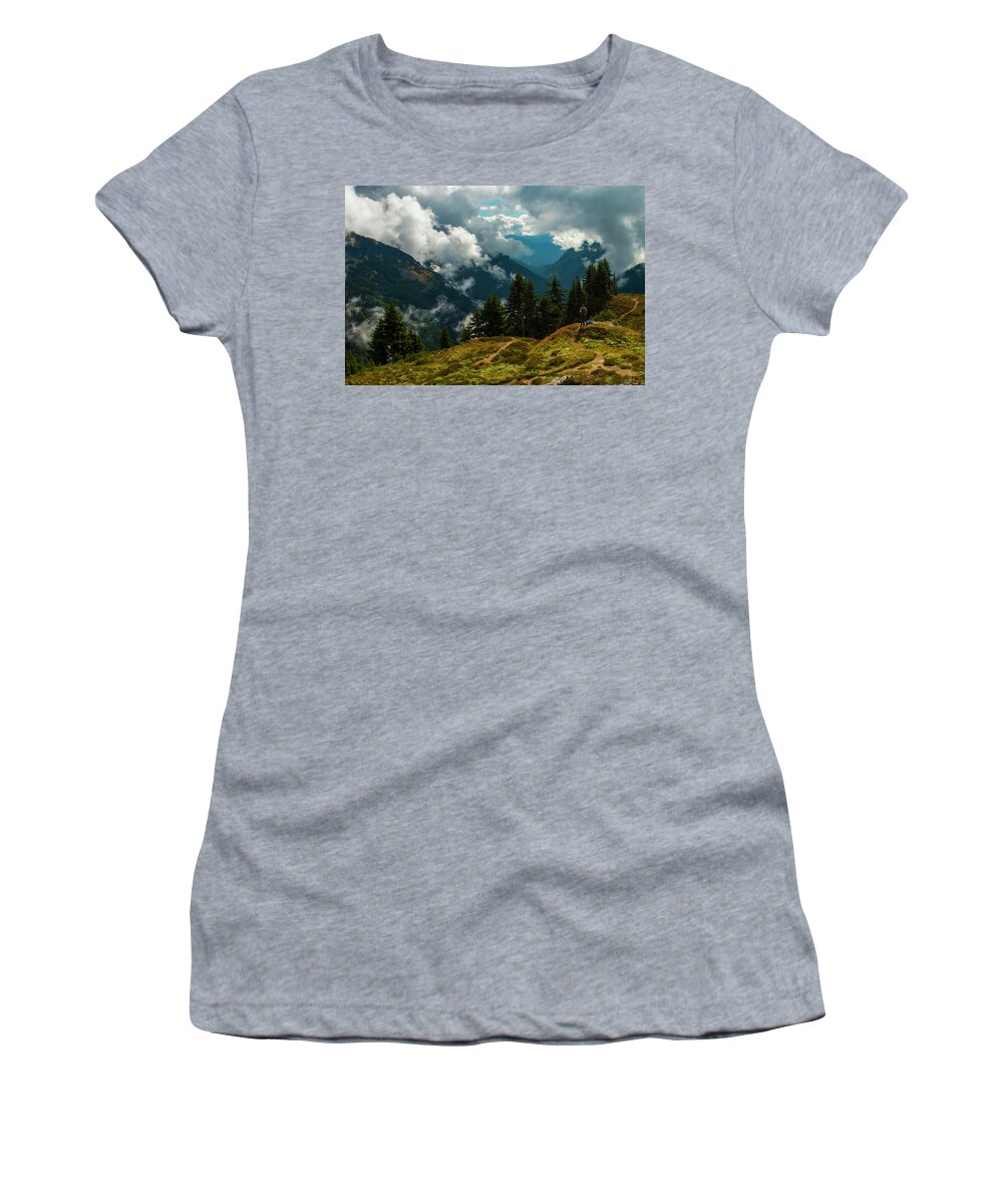 Mount Rainier National Park Women's T-Shirt featuring the photograph Pinnacle, Plummer, Reflections, Clouds by Doug Scrima