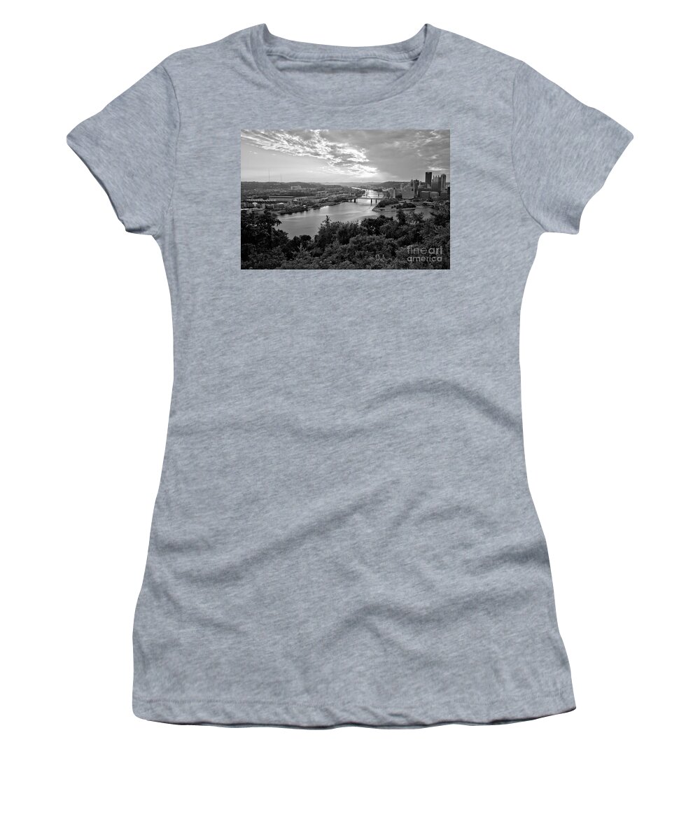 Pittsburgh Women's T-Shirt featuring the photograph Pittsburgh Fiery Skies Over The Allegheny River Black And White by Adam Jewell