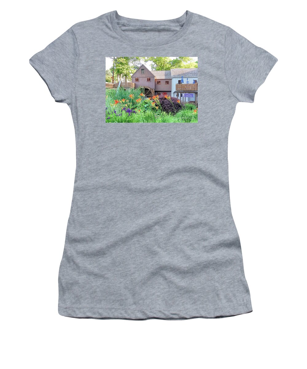 Plimoth Grist Mill Women's T-Shirt featuring the photograph Plimoth Grist Mill in summer by Janice Drew
