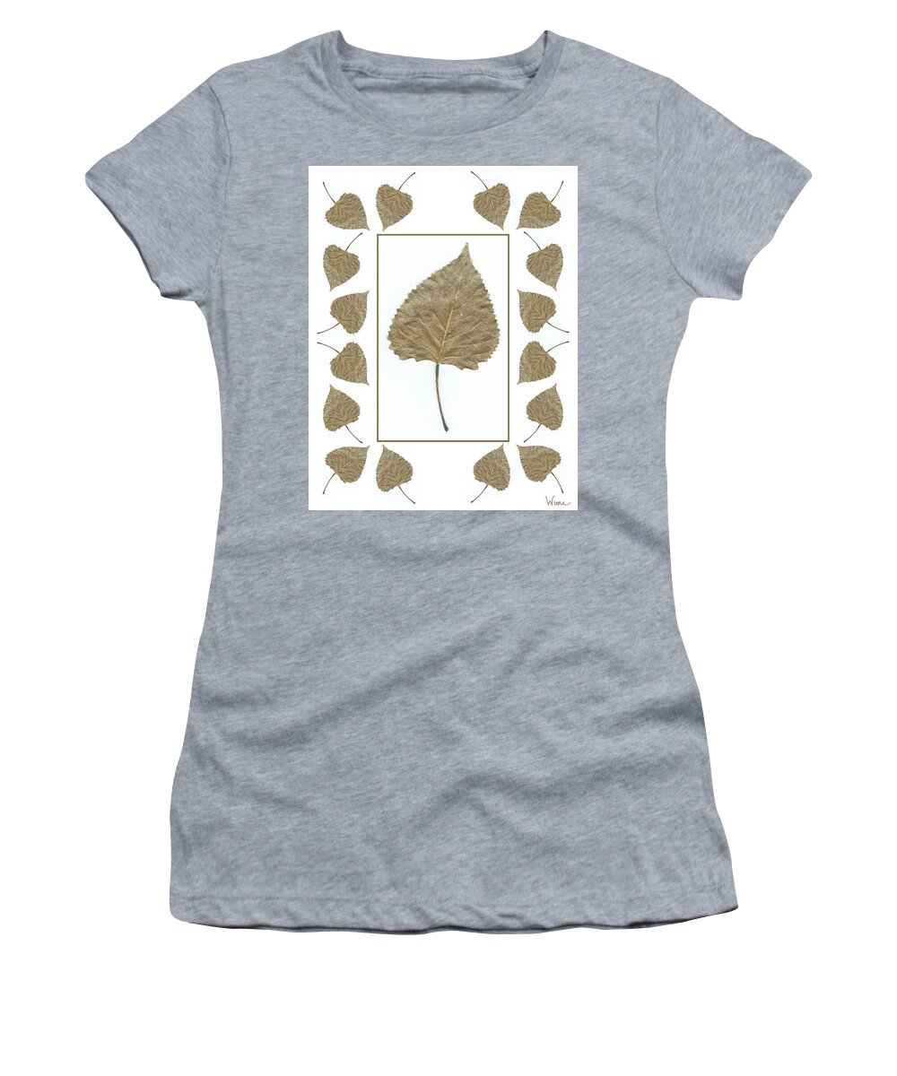 Brown Poplar Leaves Women's T-Shirt featuring the mixed media Poplar Leaves with Border by Lise Winne