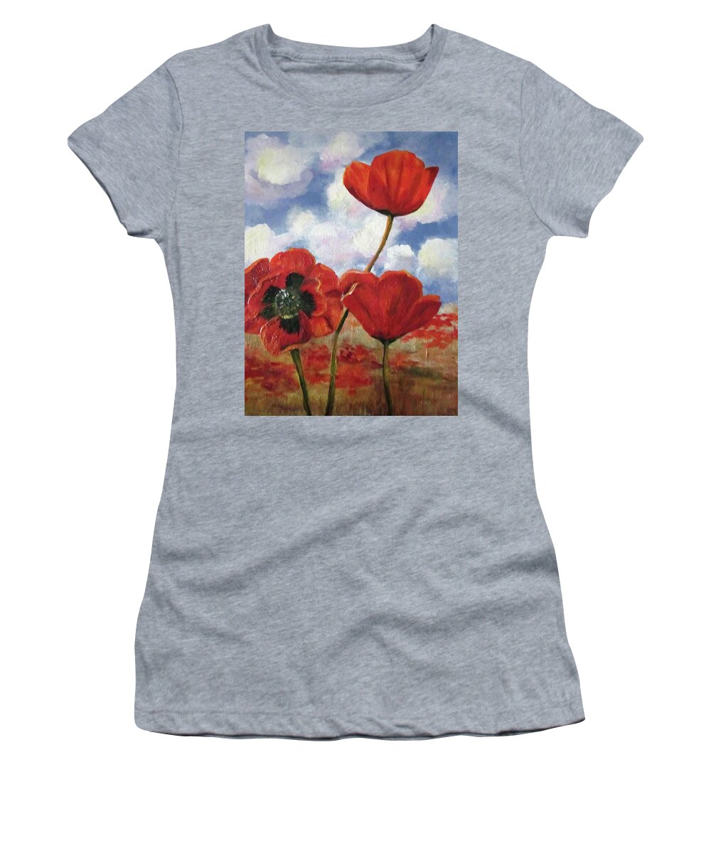 Floral Women's T-Shirt featuring the painting Poppies in the Sky by Barbara Landry