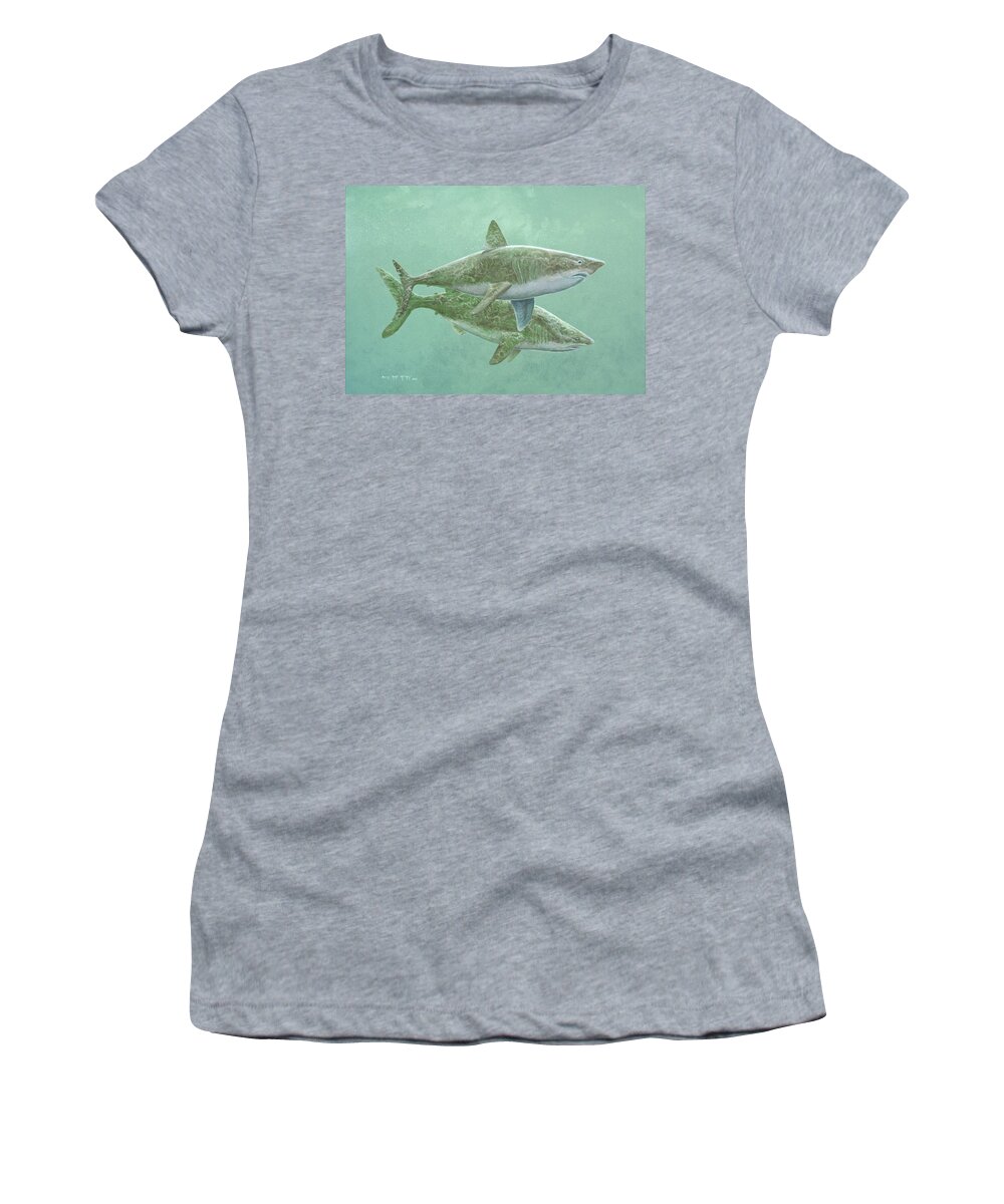 Porbeagle Shark Women's T-Shirt featuring the painting Porbeagle Sharks by Barry Kent MacKay
