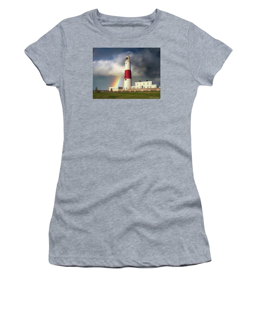 Portland Women's T-Shirt featuring the photograph Portland Bill Lighthouse with Storm and Partial Rainbow by Alan Ackroyd