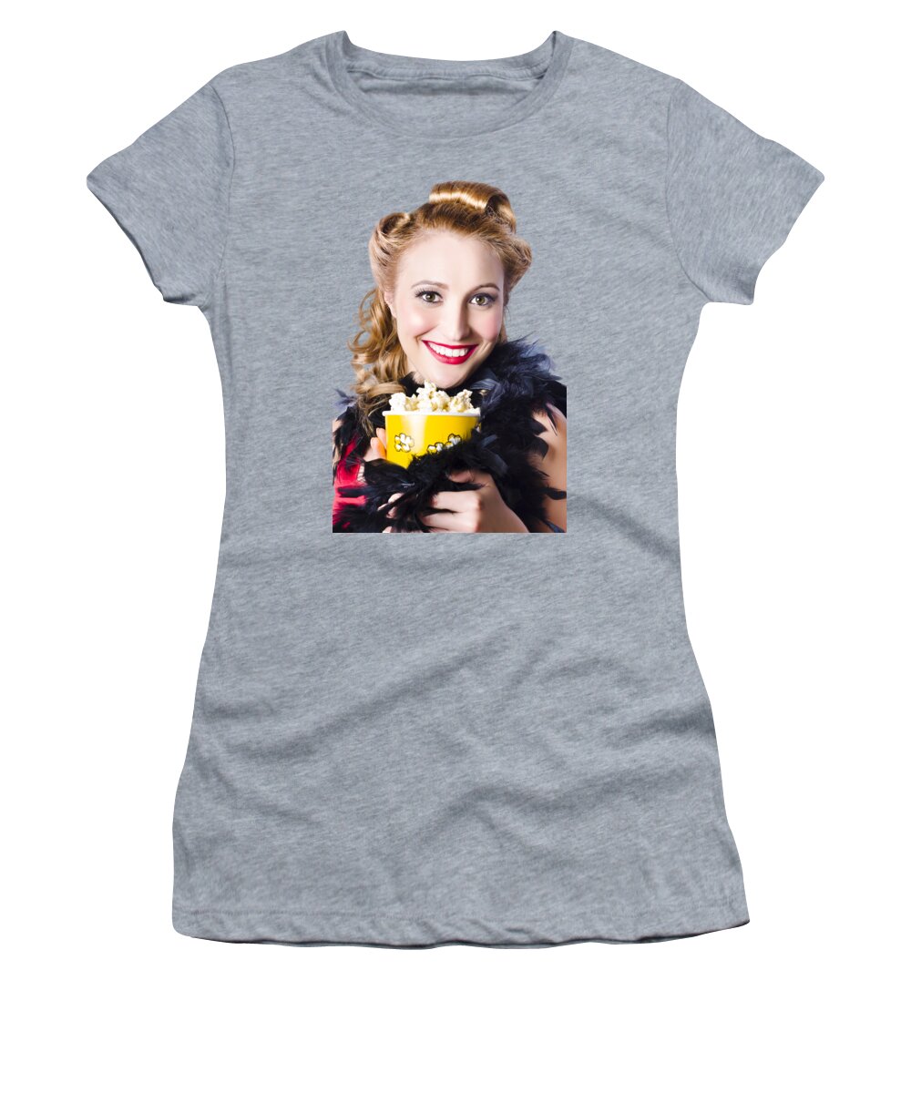 Theatre Women's T-Shirt featuring the photograph Portrait of woman with popcorn by Jorgo Photography