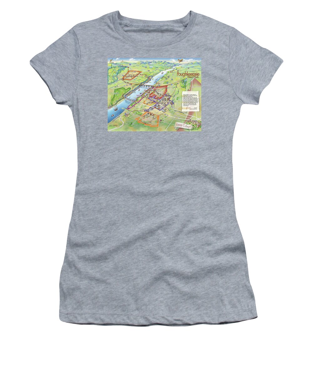 Vassar College Women's T-Shirt featuring the digital art Poughkeepsie and Vassar College Illustrated Map by Maria Rabinky