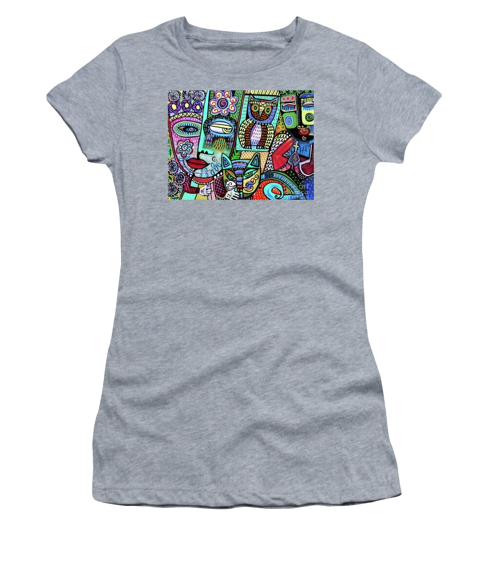 Women's T-Shirt featuring the painting Prayers For Garden Owl And Cat by Sandra Silberzweig
