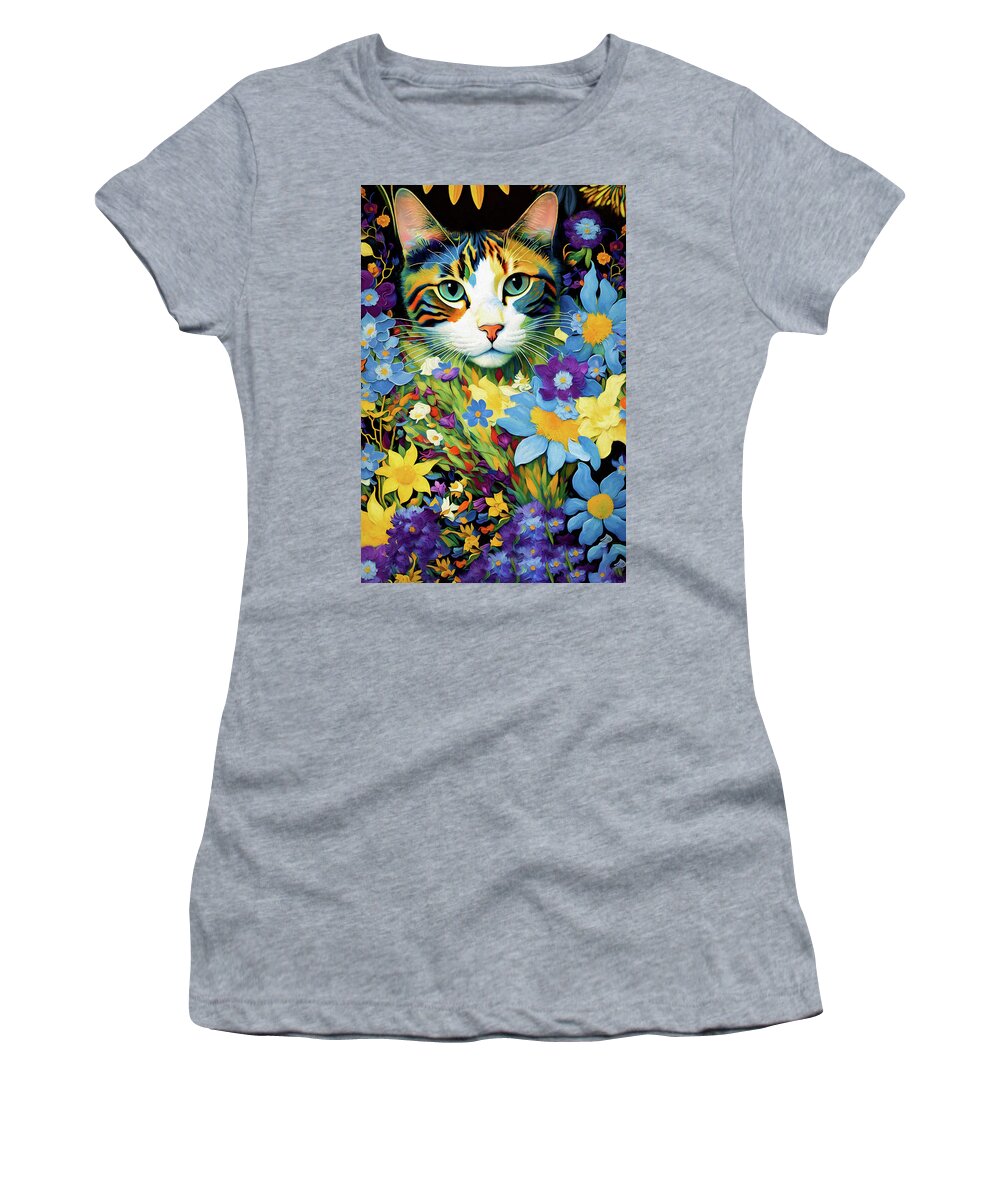 Calico Cats Women's T-Shirt featuring the digital art Pretty Penny in the Posies by Peggy Collins