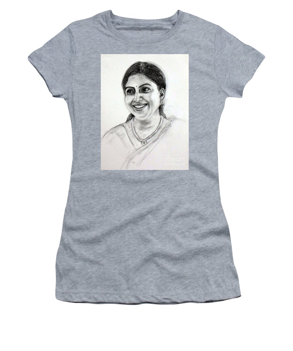 Portrait Women's T-Shirt featuring the drawing Pretty smile by Asha Sudhaker Shenoy