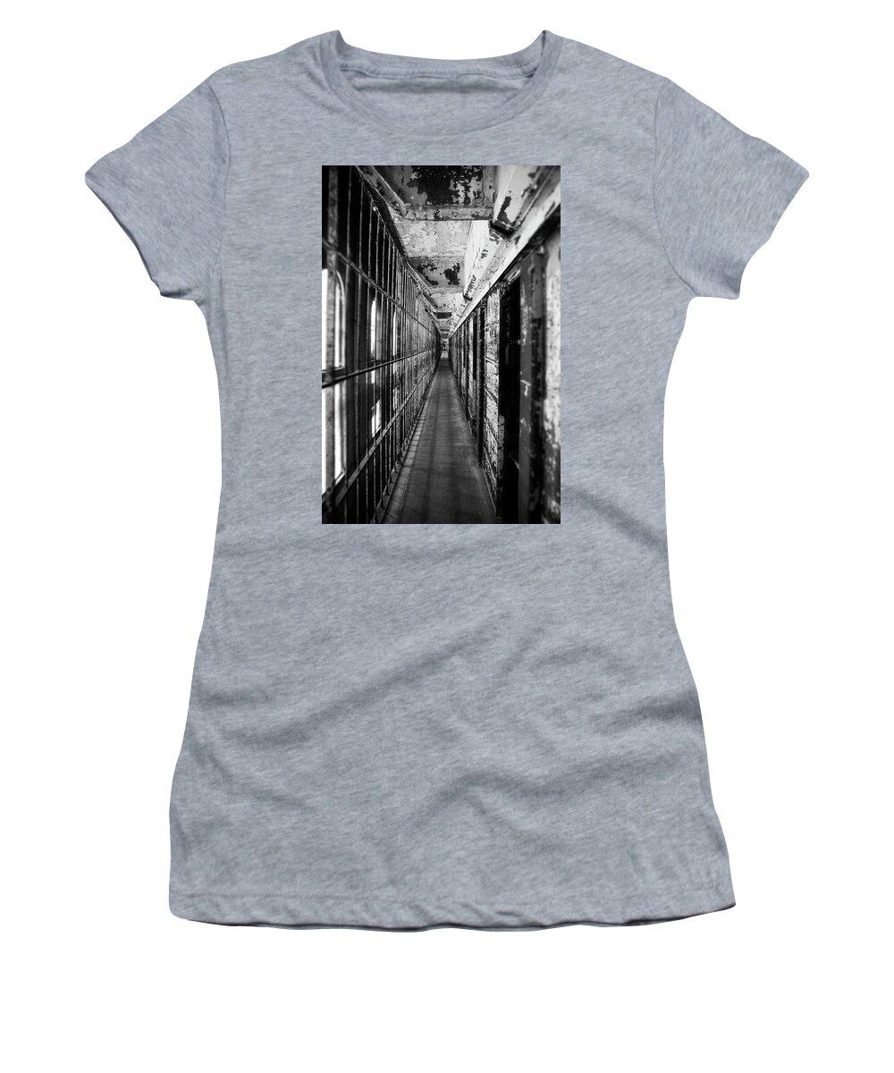 Vintage Textured Prison Cells Women's T-Shirt featuring the photograph Prison Blues Black And White by Dan Sproul