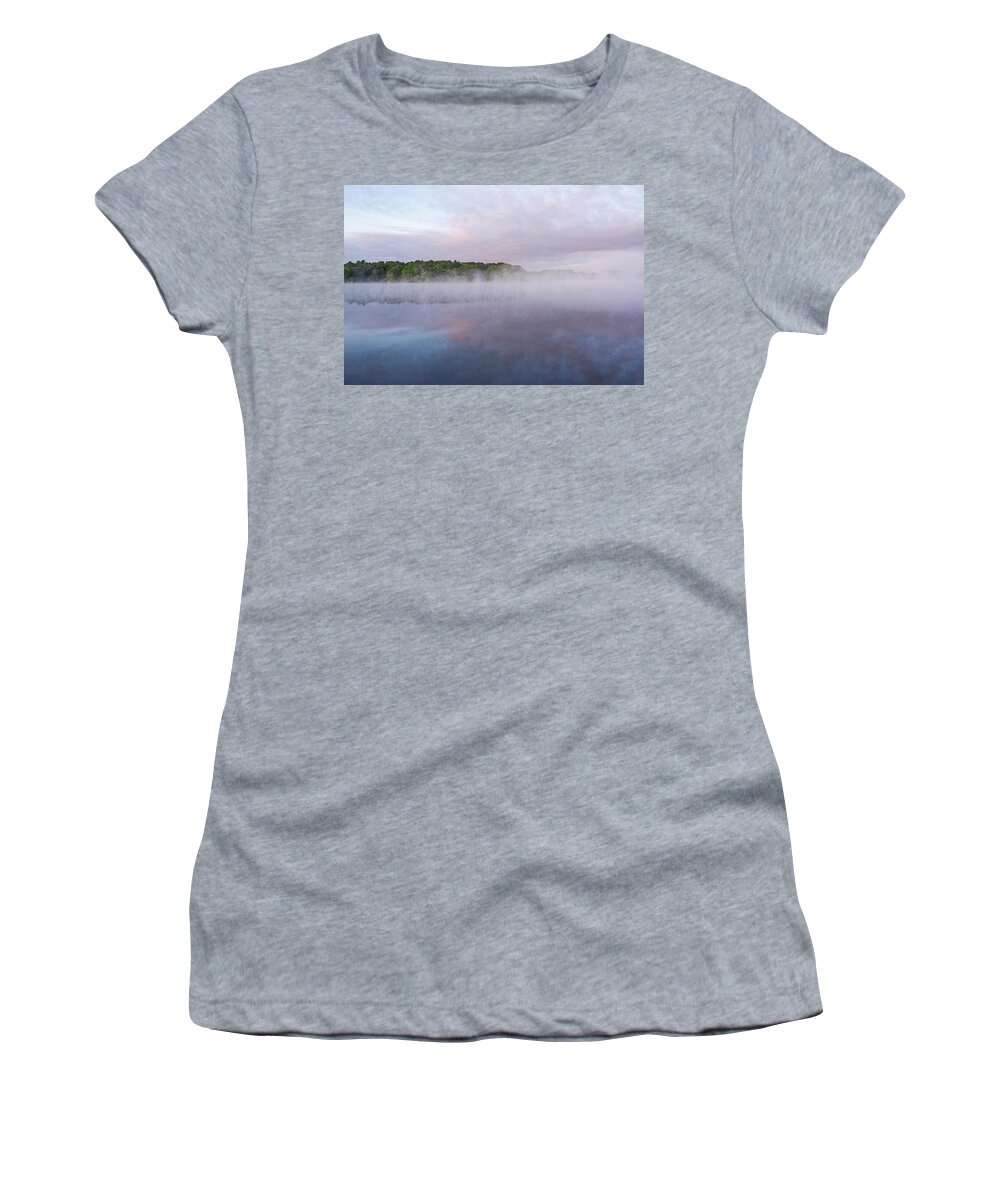 Putnamville Women's T-Shirt featuring the photograph Putnamville Reservoir Danvers Massachusetts Misty Sunrise by Toby McGuire