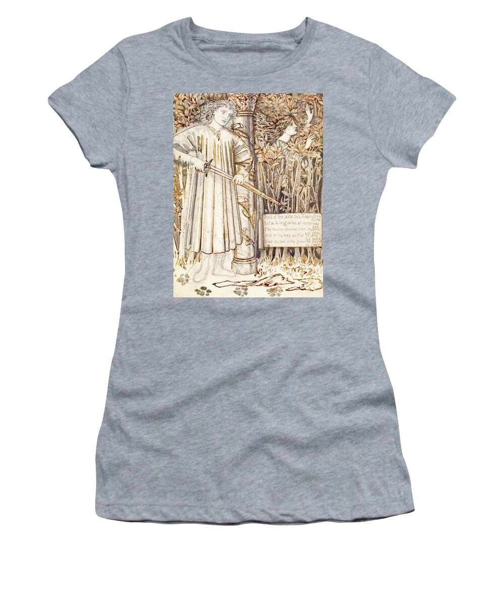 Ovid Women's T-Shirt featuring the drawing Pyramus and Thisbe, Pyramus Draws His Sword to Slay Himself by Edward Burne-Jones
