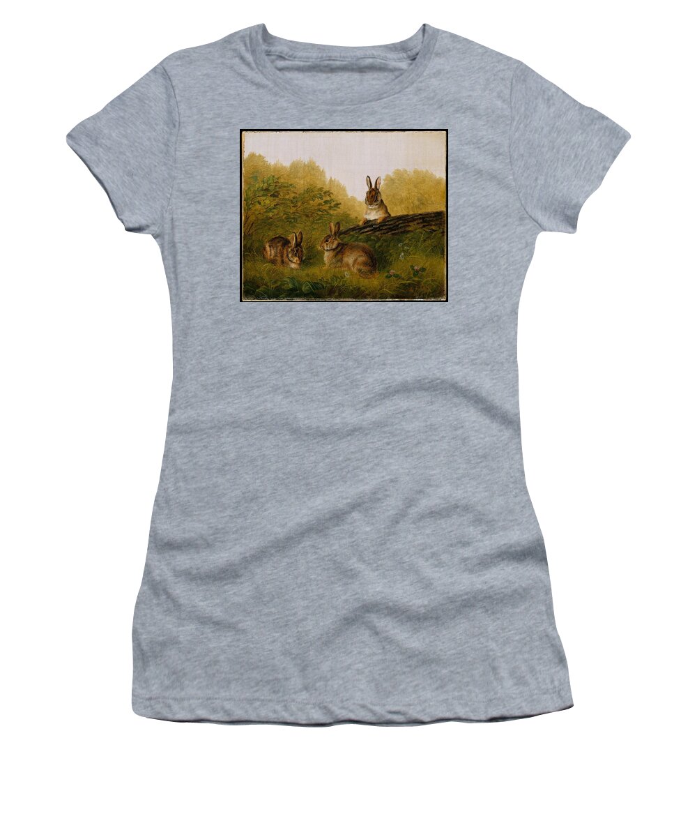 Vintage Women's T-Shirt featuring the painting Rabbits on a Log 1897 Arthur Fitzwilliam Tait American, born England by MotionAge Designs