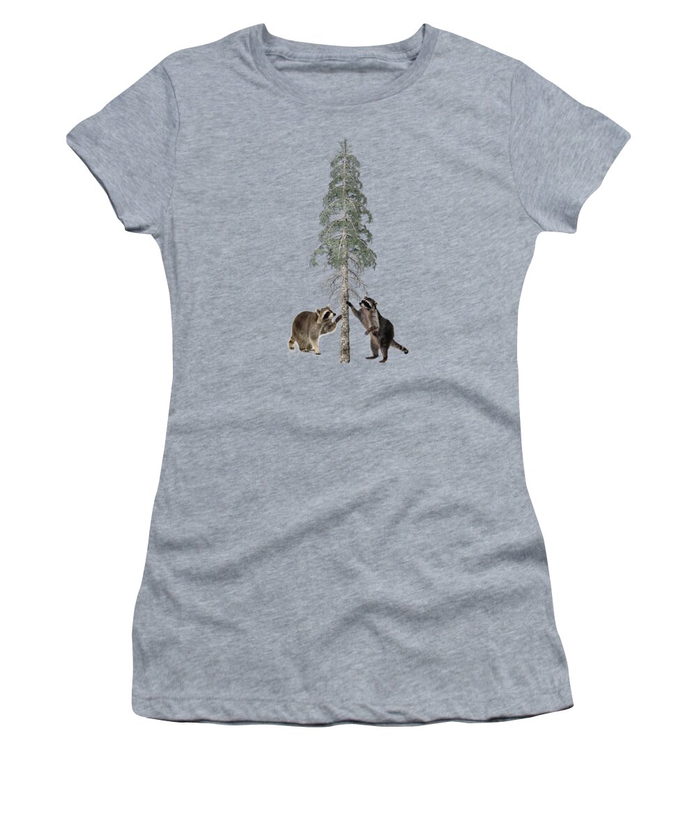 Raccoon Women's T-Shirt featuring the mixed media Raccoons in the Wild Winter Forest by David Dehner
