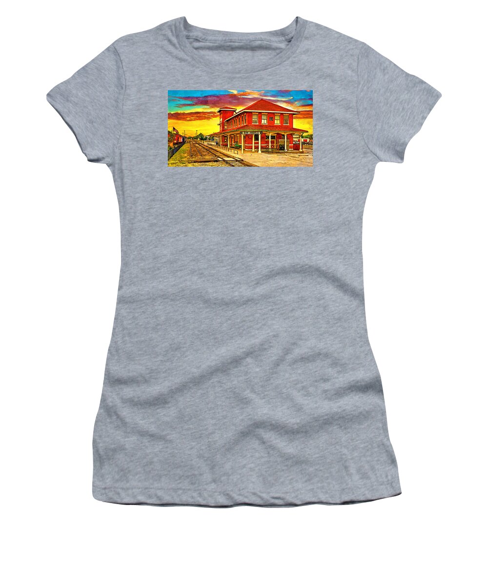 Railway Museum Women's T-Shirt featuring the digital art Railway Museum of San Angelo, Texas, at sunset - digital painting by Nicko Prints