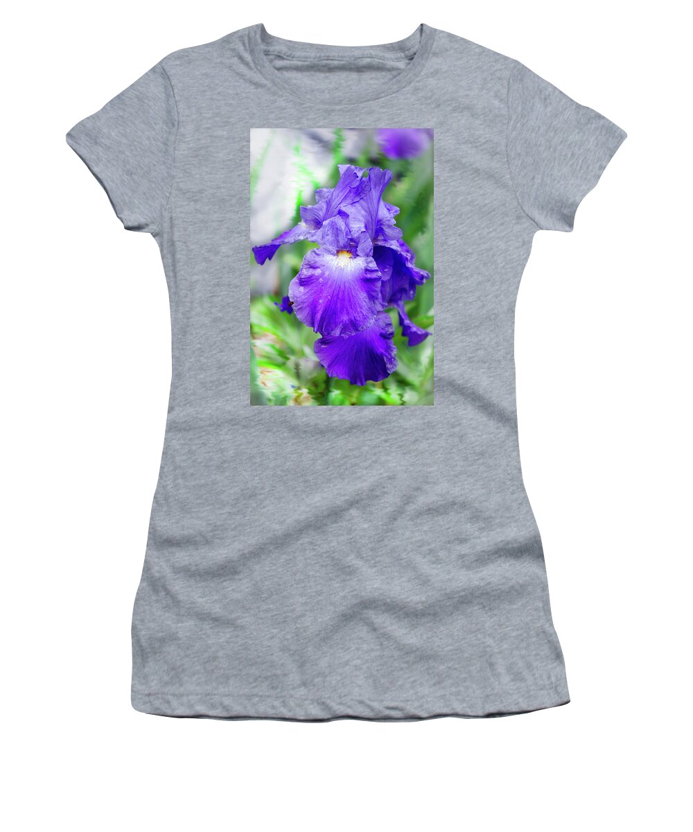 German Iris Women's T-Shirt featuring the photograph Rain Kissed Iris on Painterly Background by Kristin Hatt