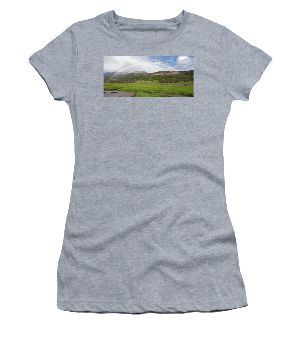 Rainbow Women's T-Shirt featuring the photograph Rainbow Over the Eastern Lamar by Max Waugh