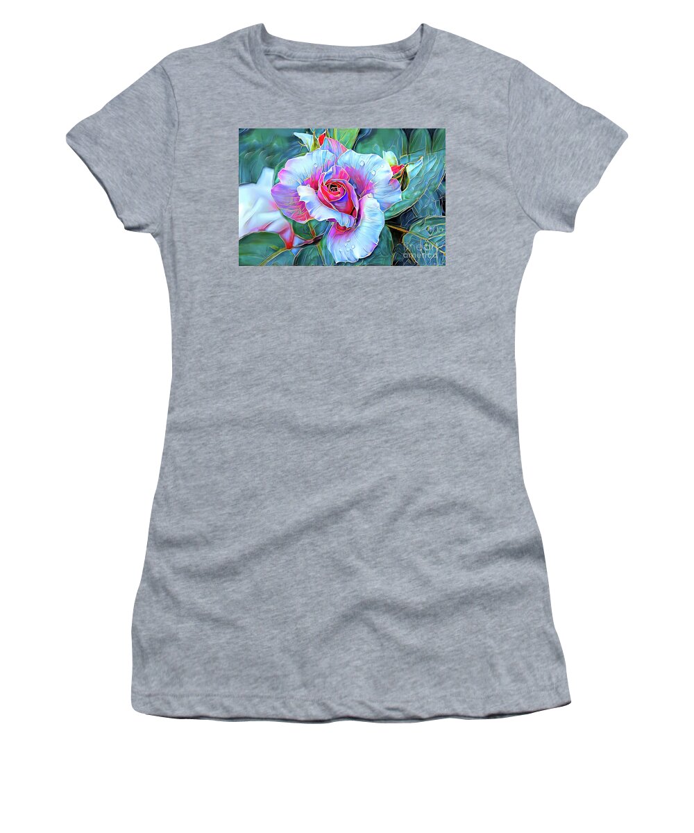 Flowers Women's T-Shirt featuring the mixed media Rainbow Rose by Elaine Manley