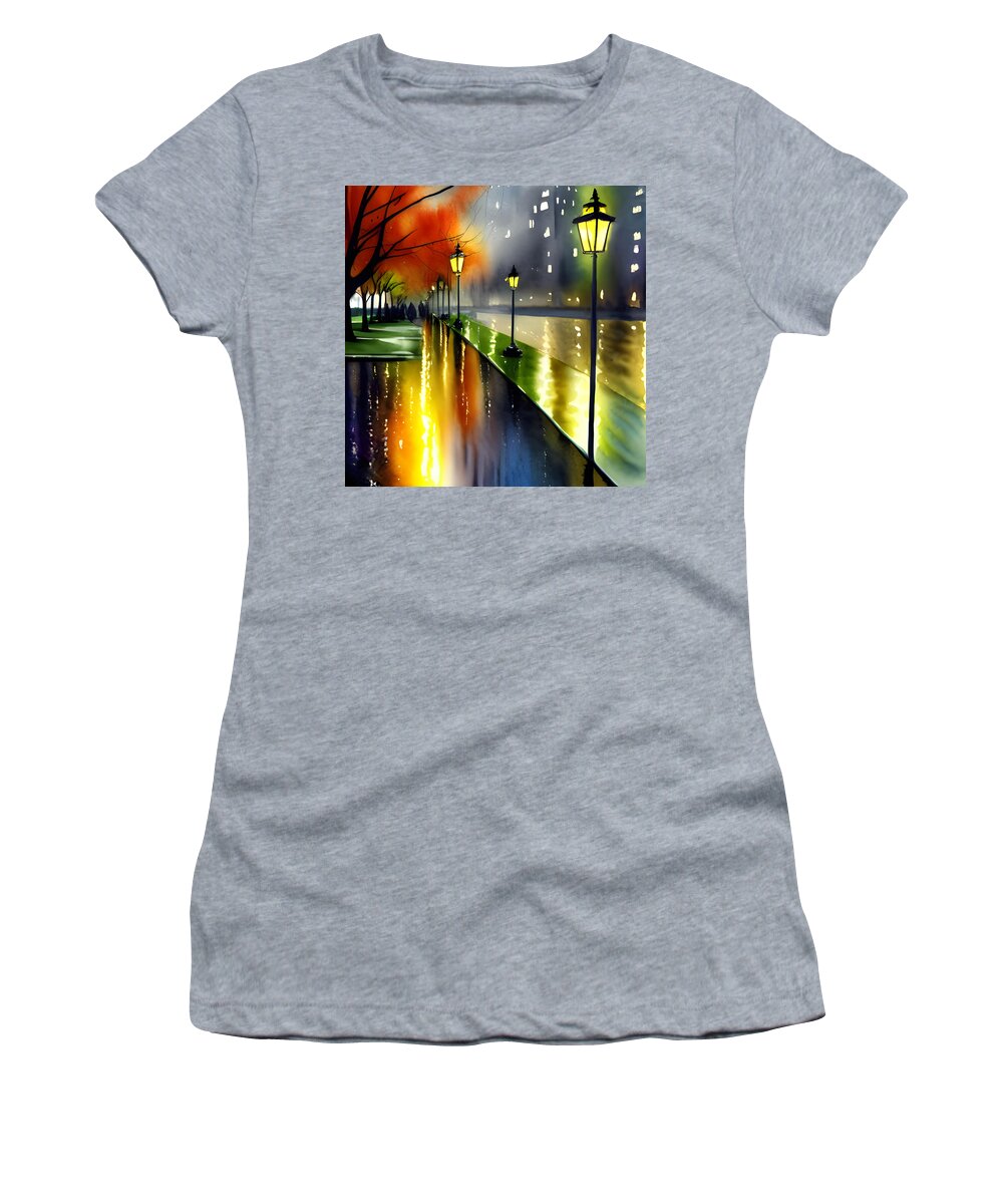 Cityscape Women's T-Shirt featuring the mixed media Rainy Night by Bonnie Bruno