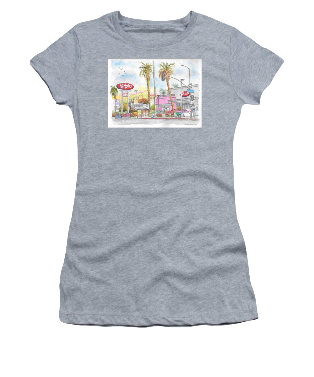Ralphs Women's T-Shirt featuring the painting Ralph's Supermarket, Sunset Blvd., Hollywood, CA by Carlos G Groppa