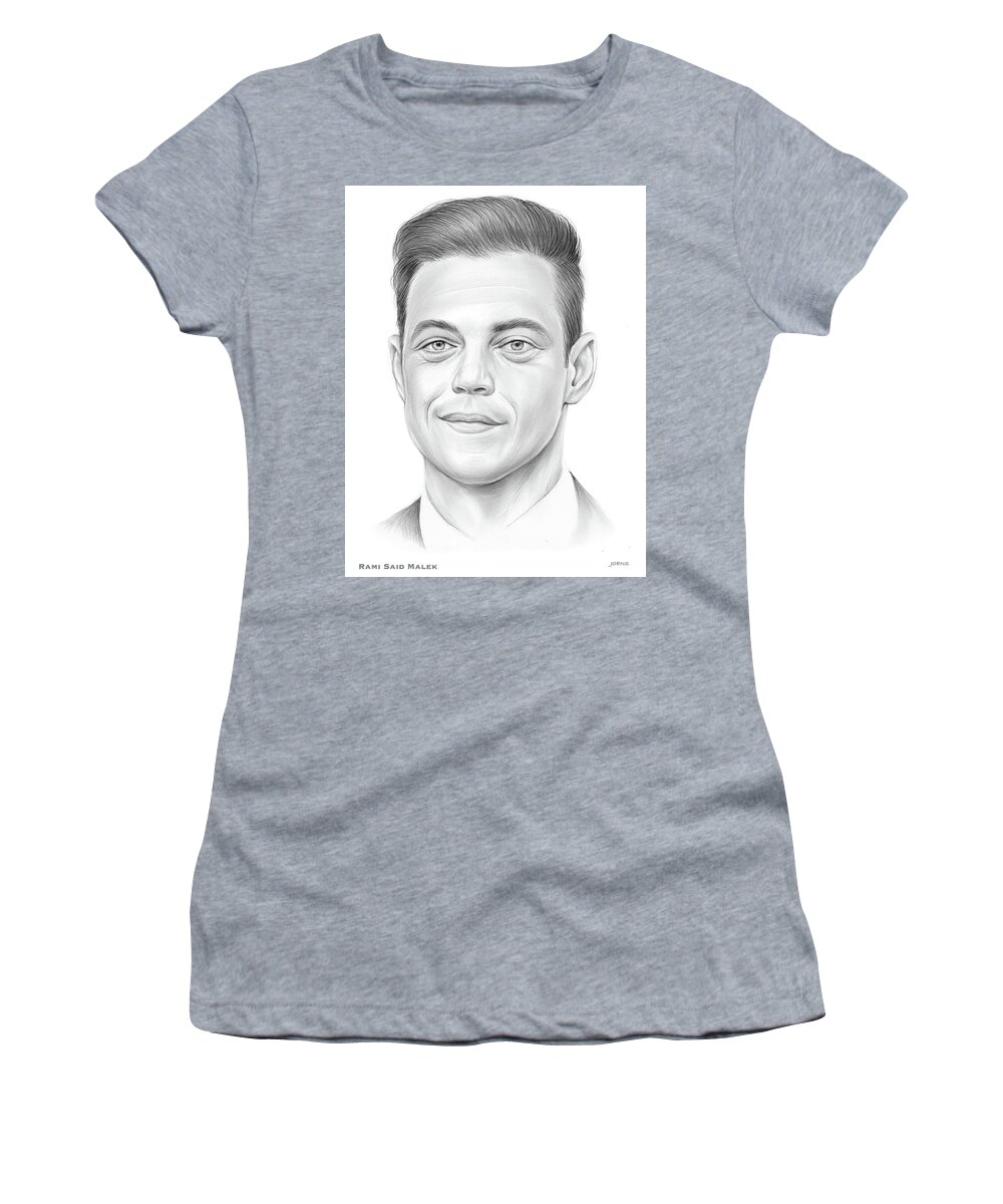 Rami Malek Women's T-Shirt featuring the drawing Rami Malek - Pencil by Greg Joens
