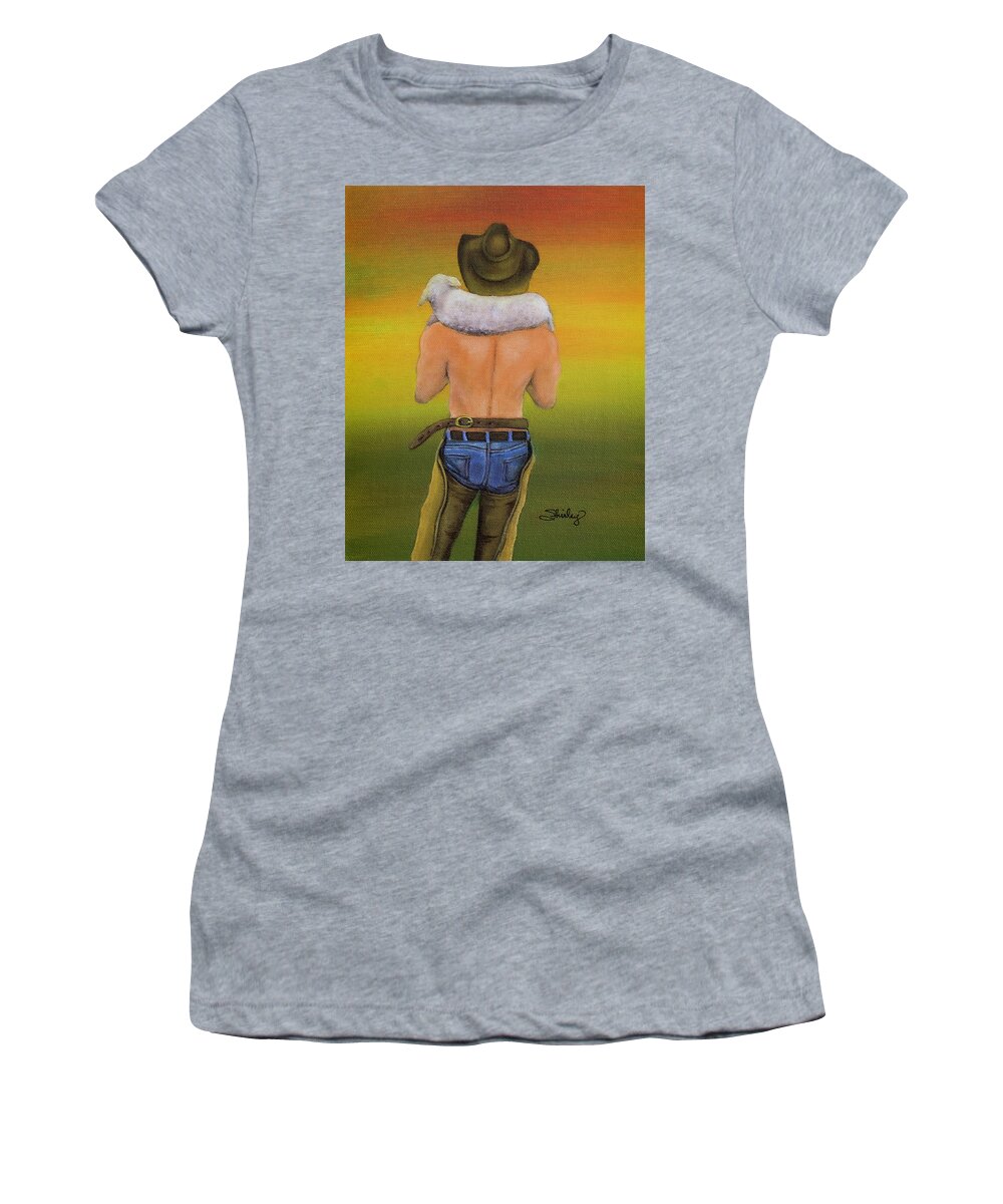 Rancher Women's T-Shirt featuring the painting Rancher with Lamb by Shirley Dutchkowski