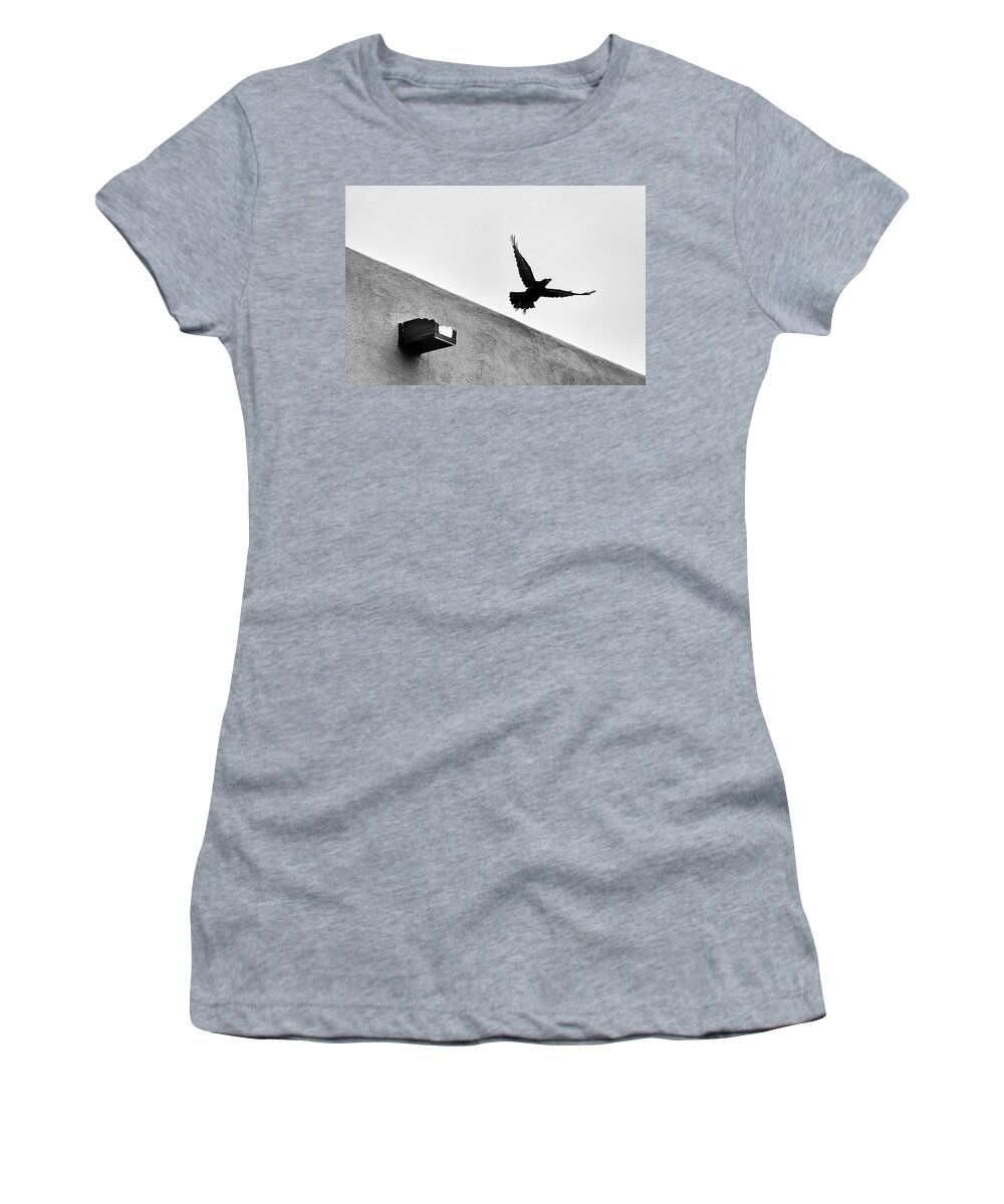 Black And White Women's T-Shirt featuring the photograph Raven Flies Away by Mary Lee Dereske