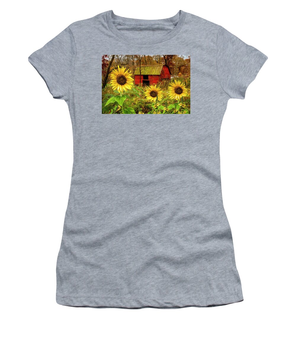 Sunflower Women's T-Shirt featuring the photograph Red Barn in Sunflowers II by Debra and Dave Vanderlaan