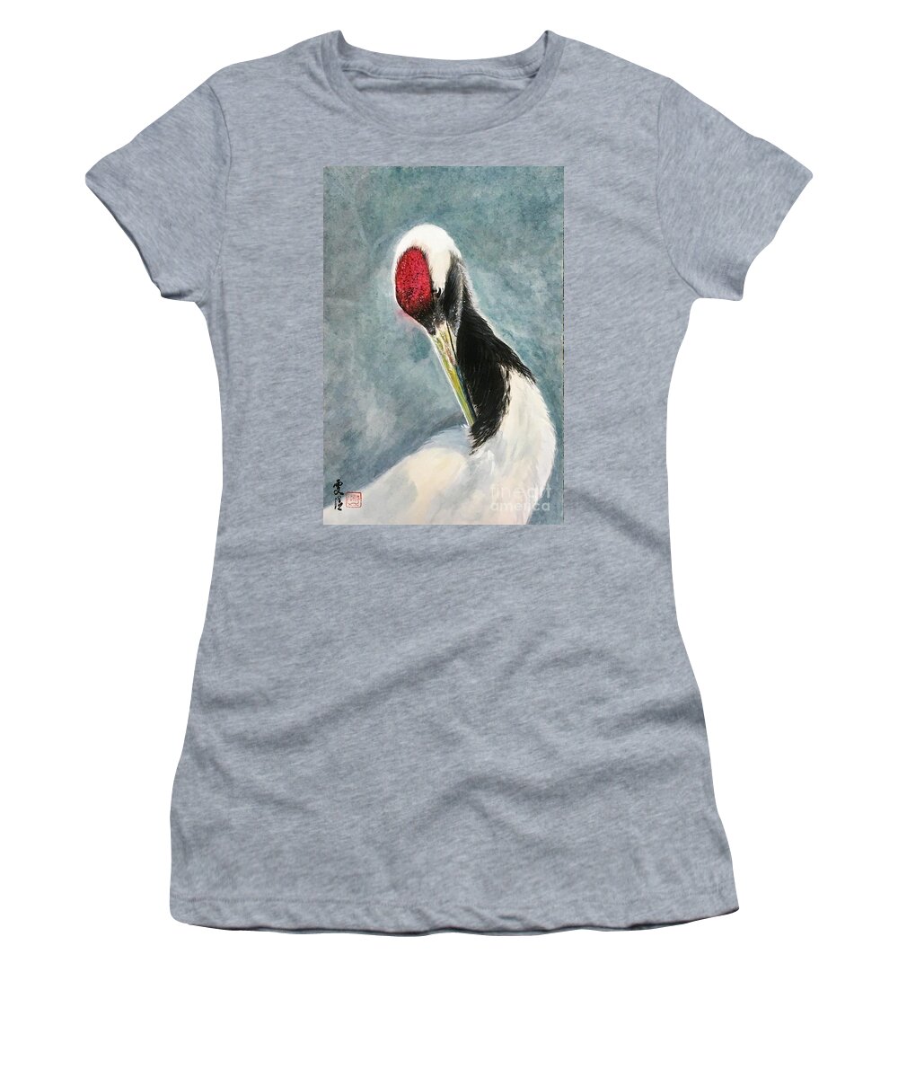 Red-crowned Crane Women's T-Shirt featuring the painting Red-Crown Crane - 2 Leisurely by Carmen Lam