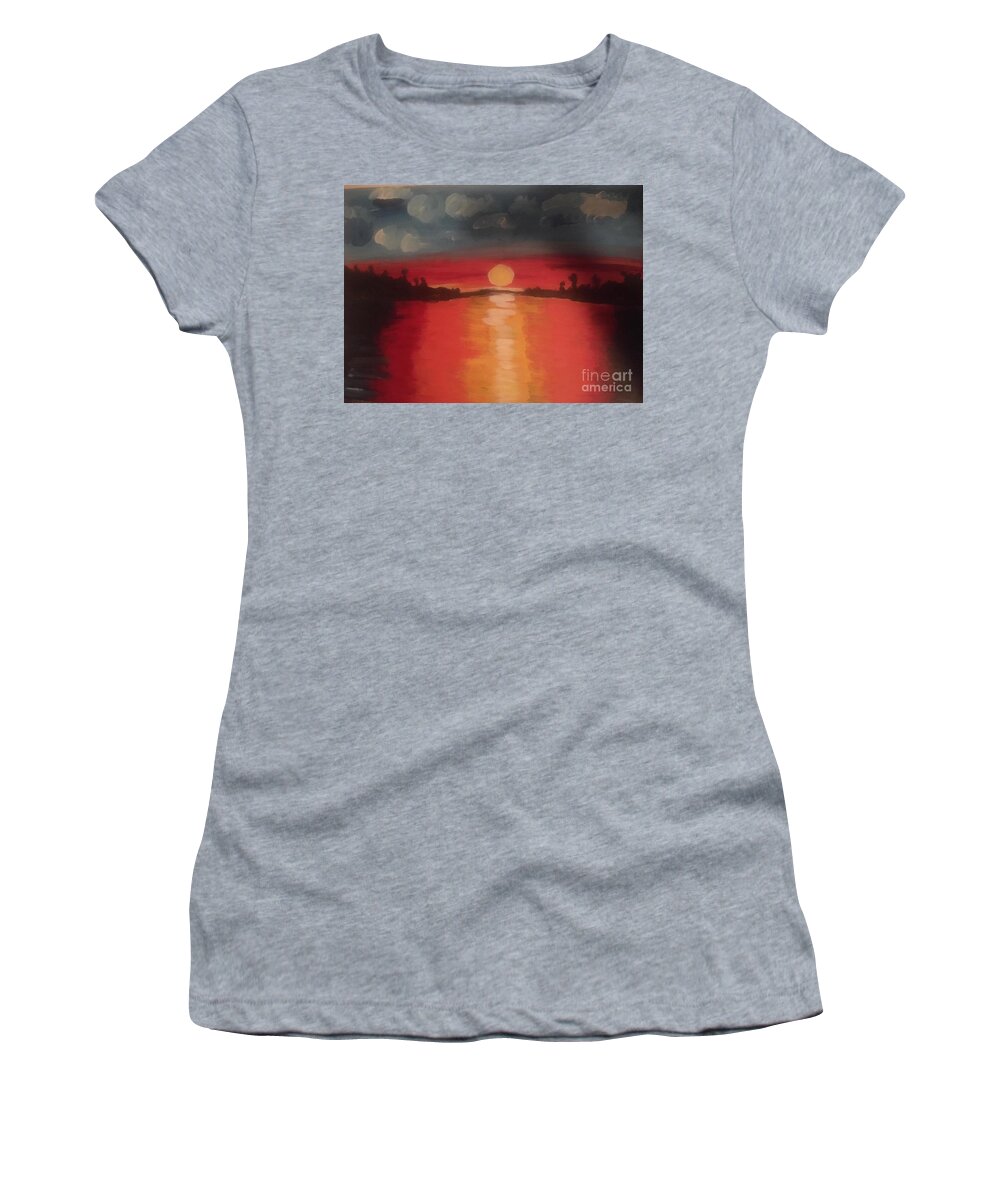 Red Hot Sunset Heat Beauty Nature Love Muskoka Cottage Country Canada Women's T-Shirt featuring the painting Red Hot Sunset by Nina Jatania