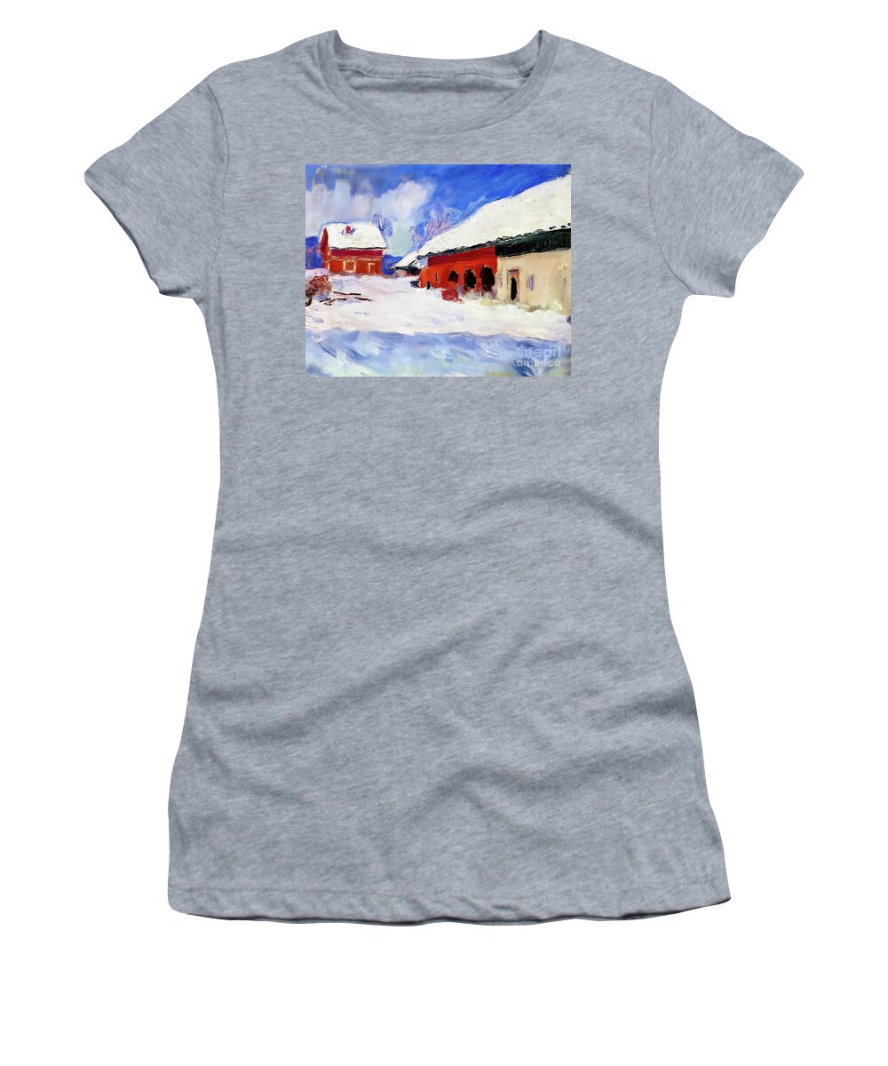 French Women's T-Shirt featuring the painting Red Houses at Bjornegaard in the Snow, Norway by Claude Monet 18 by Claude Monet