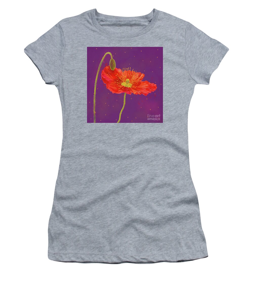 Poppy Women's T-Shirt featuring the mixed media Red Poppy on Purple II by Shari Warren