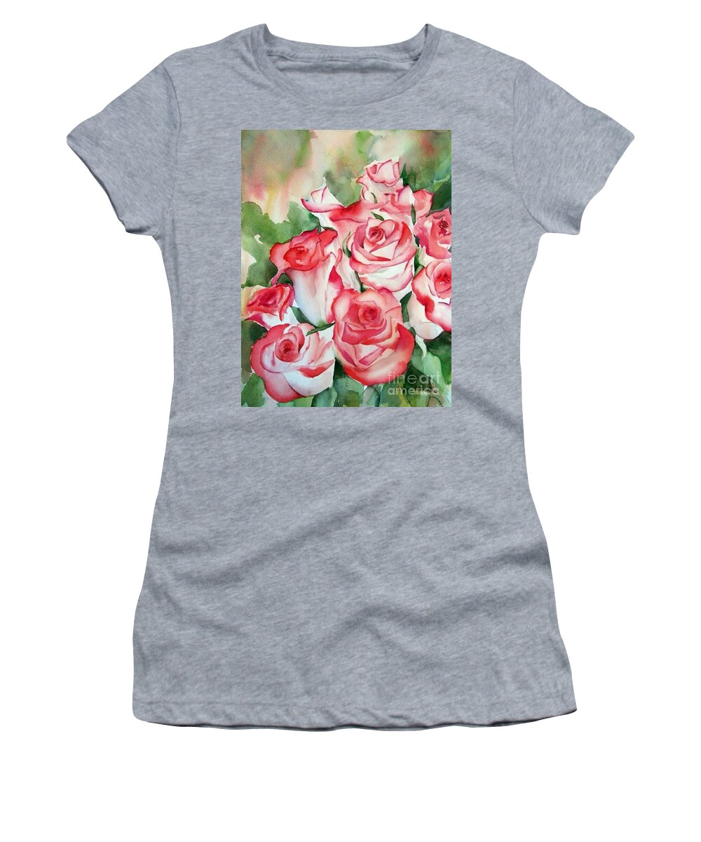 Roses Women's T-Shirt featuring the painting Red Tipped Roses by Liana Yarckin