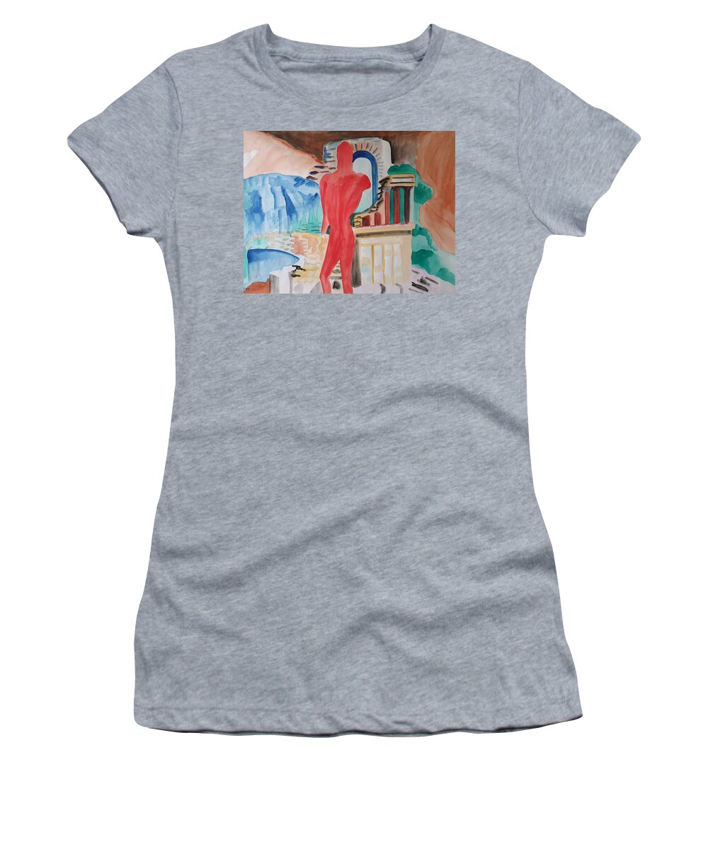 Classical Greek Sculpture Women's T-Shirt featuring the painting Red Warrior and the Temple by Enrico Garff