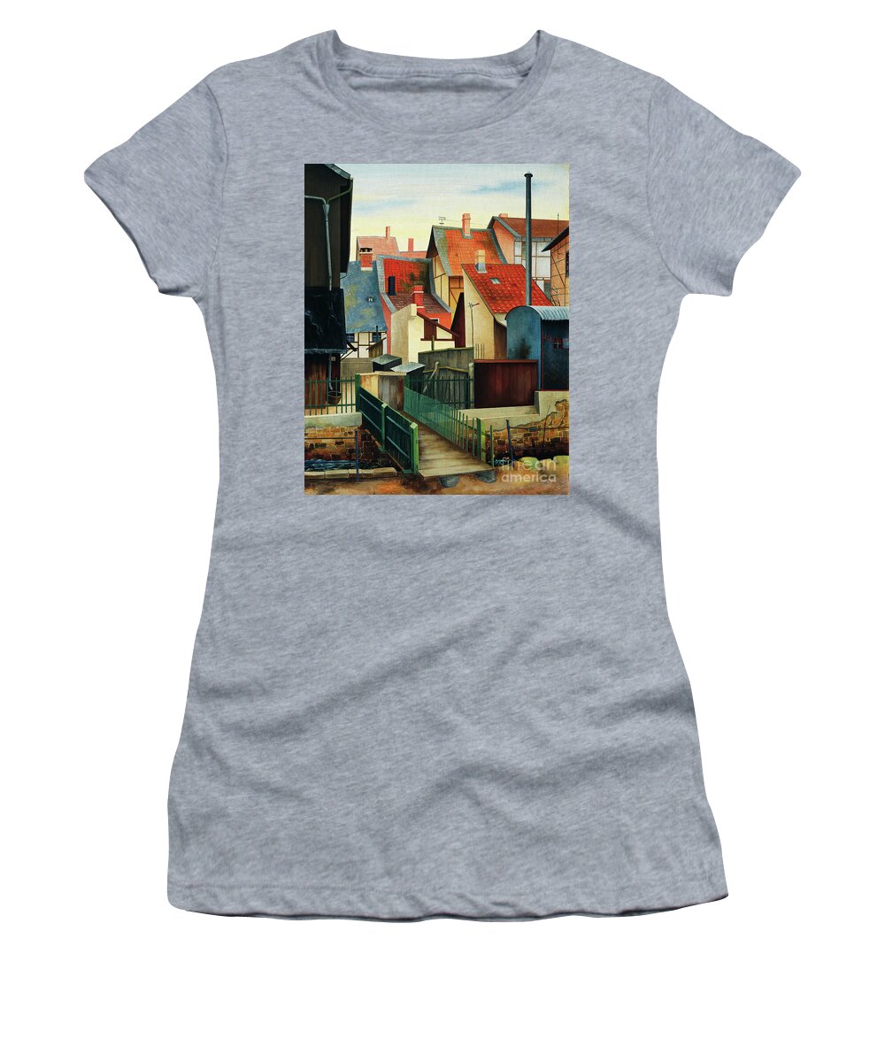 Wingsdomain Women's T-Shirt featuring the painting Remastered Art At The Breeding by Rudolf Wacker 20220107 by Rudolf Wacker