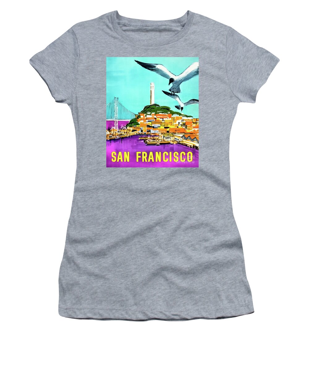 Bay Women's T-Shirt featuring the drawing Retro San Francisco Travel Poster 1952 by M G Whittingham