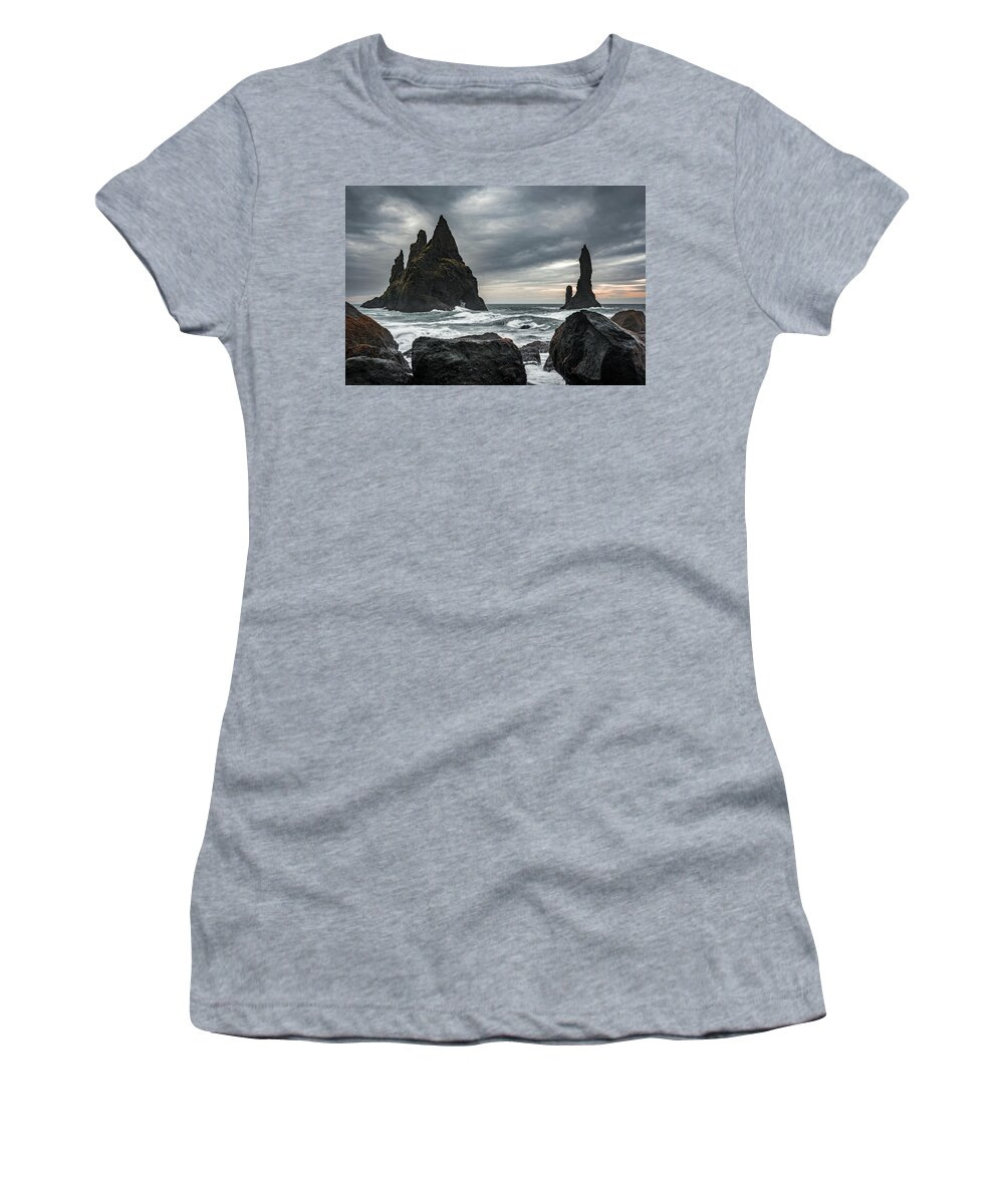 Black Sand Beach Women's T-Shirt featuring the photograph Reynisdrangar - Iceland by Dee Potter