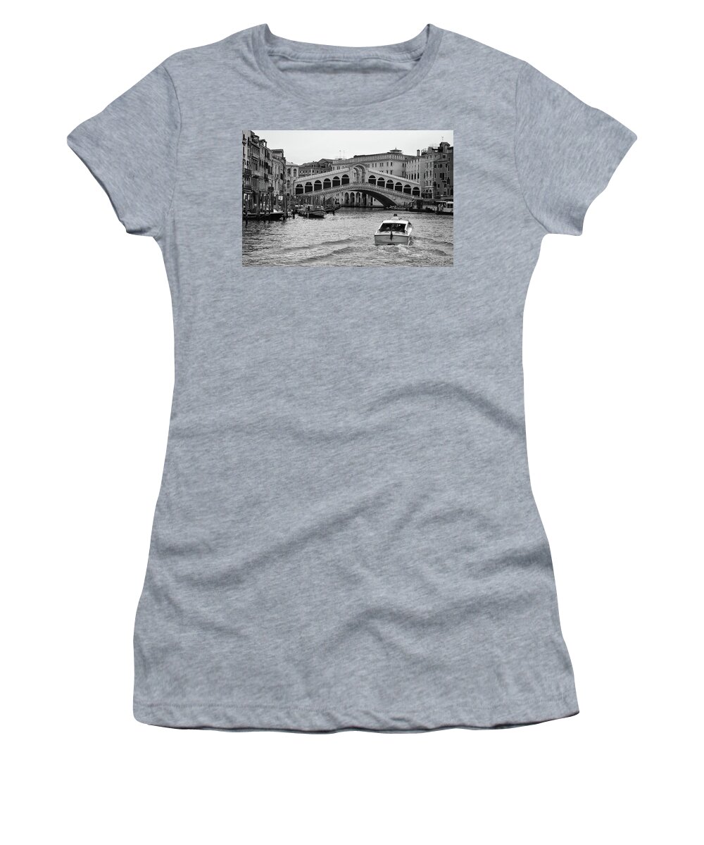 Rialto Bridge Women's T-Shirt featuring the photograph Rialto Bridge over the Grand Canal in Venice Italy Black and White by Shawn O'Brien