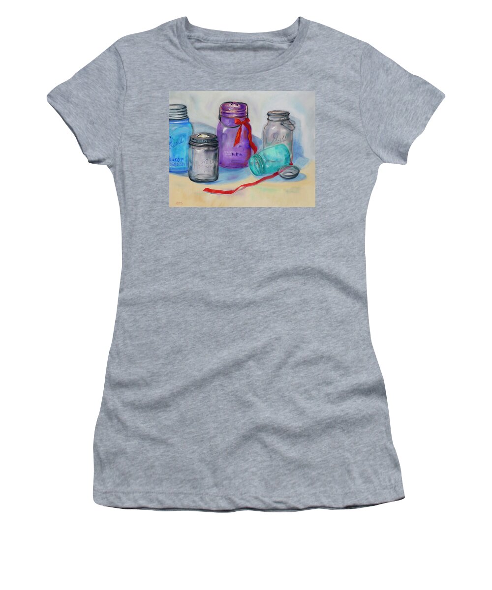 Antique Mason And Ball Glass Jars Women's T-Shirt featuring the painting Ribbon Jars by Susan Thomas
