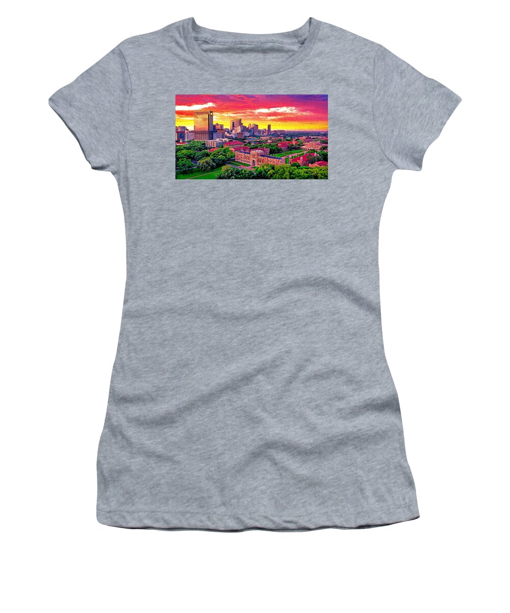 Rice University Women's T-Shirt featuring the digital art Rice University campus with the Texas Medical Center seen in the distance at sunset, in Houston by Nicko Prints