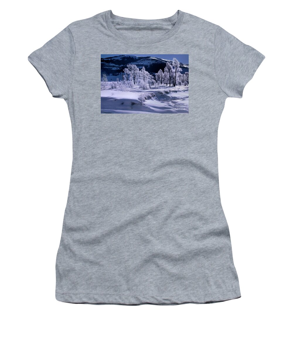 Dave Welling Women's T-Shirt featuring the photograph Rime Ice On Trees Lamar Valley Yellowstone National Park by Dave Welling