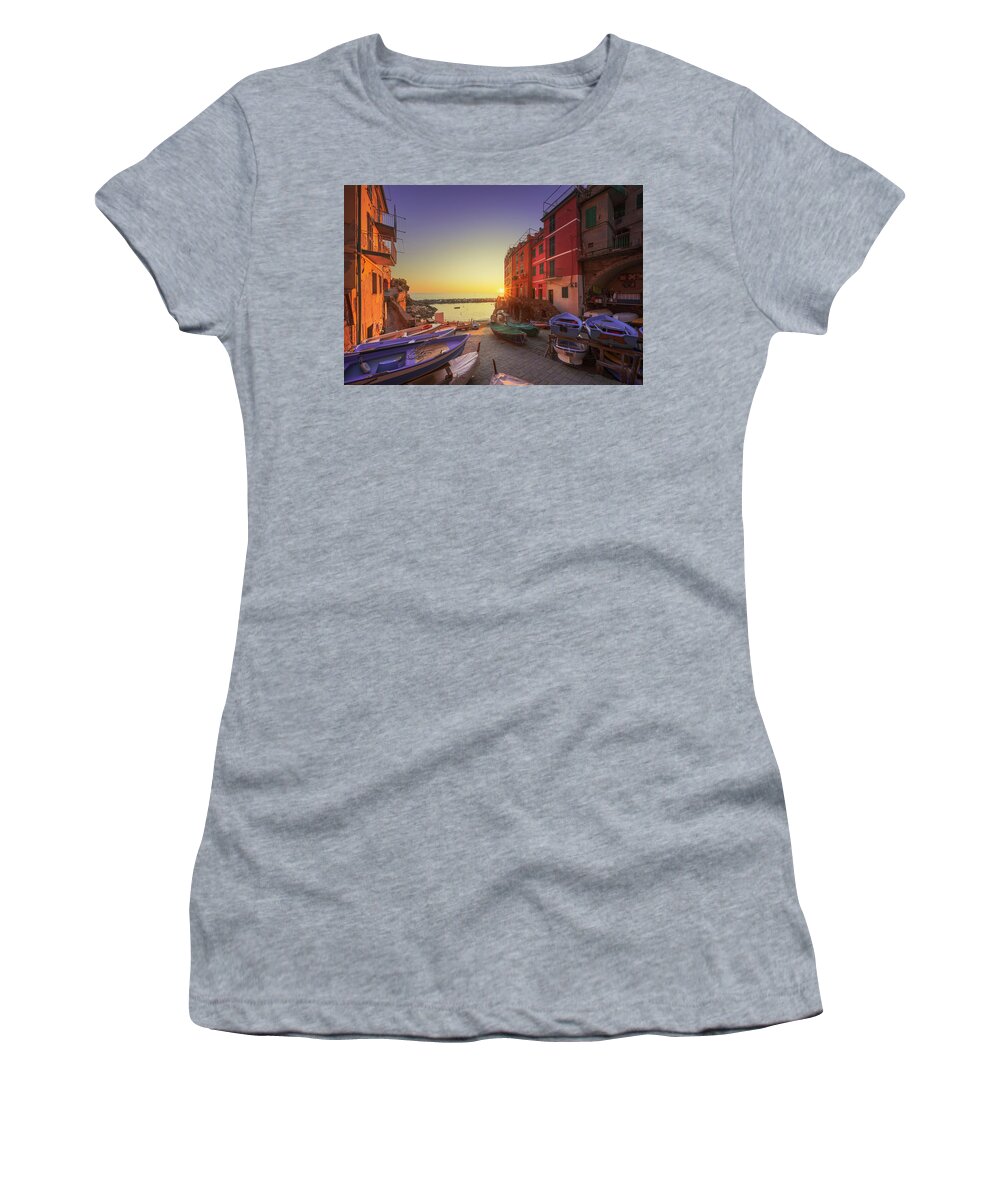 Riomaggiore Women's T-Shirt featuring the photograph Riomaggiore, boats in the street at sunset. Cinque Terre by Stefano Orazzini