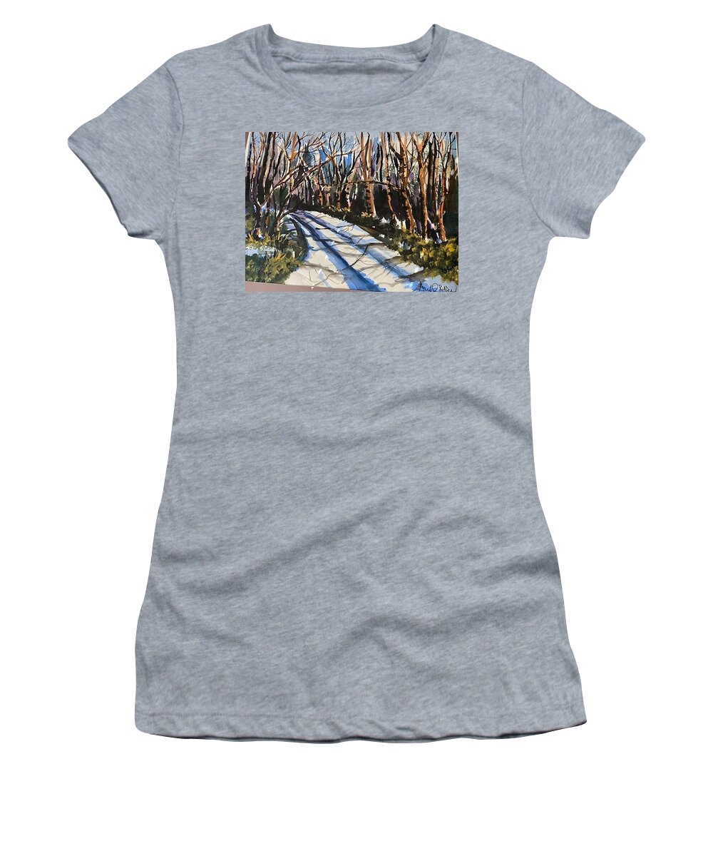  Women's T-Shirt featuring the painting Roadless Traveled by Angie ONeal