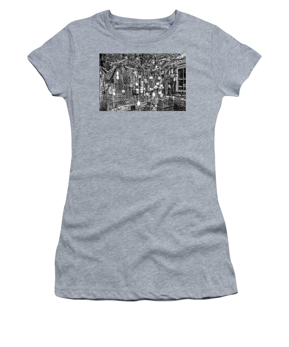 Bradley Wharf Women's T-Shirt featuring the photograph Rockport Fishing Net And Buoys BW by Susan Candelario