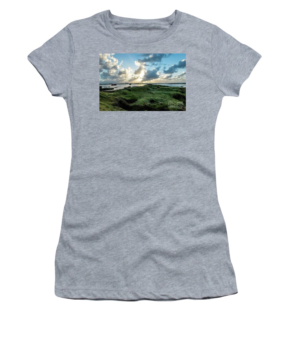 Piñones Women's T-Shirt featuring the photograph Rocks Covered in Moss at Sunset, Pinones, Puerto Rico by Beachtown Views