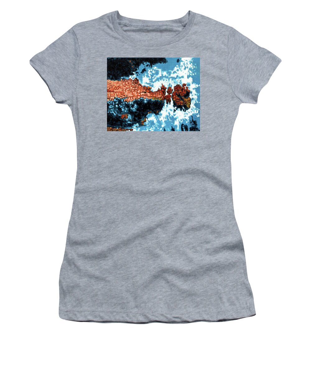 Shore Line Women's T-Shirt featuring the painting Rocks Ocean and Wind by John Lautermilch