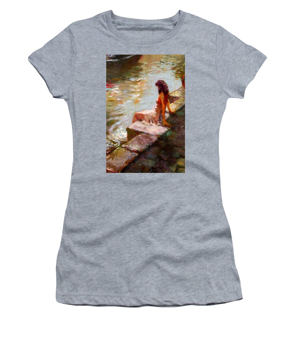 Romance Women's T-Shirt featuring the painting Romance in Venice Viola by Ylli Haruni
