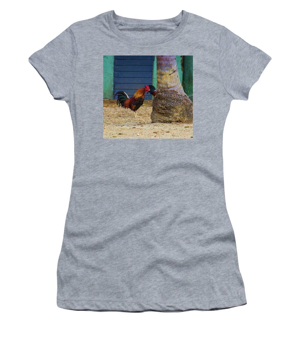 Rooster Women's T-Shirt featuring the photograph Rooster Crowing at a Tree by Roberta Byram