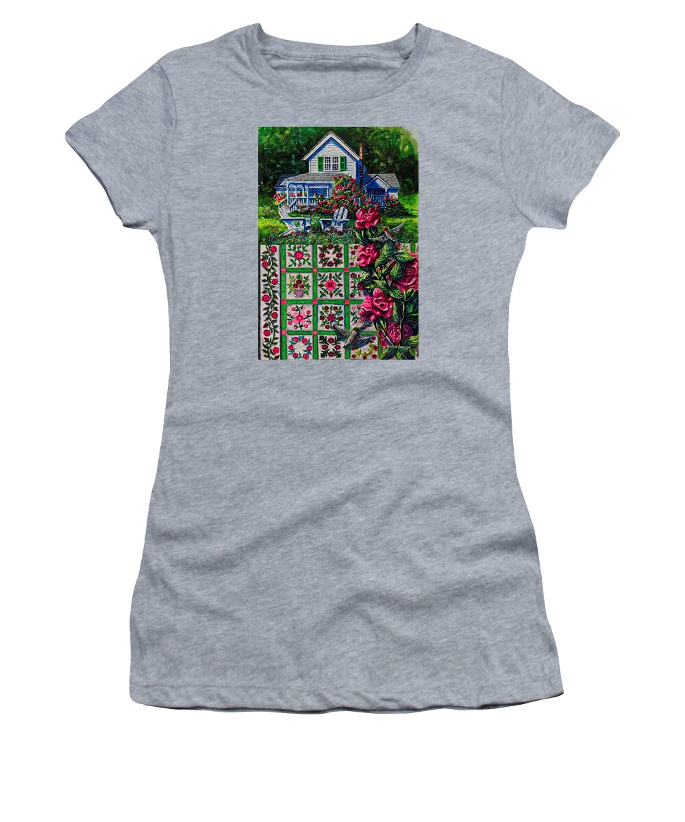 A Patchwork Quilt Of Traditional Rose Patterns In A Rose Garden With Hummingbirds Women's T-Shirt featuring the painting Rose Garden by Diane Phalen